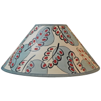 Our signature design hand painted 14” blue red paper coolie lampshade is covered in a distinctly Bloomsbury pattern of blue paisleys overlapped by falling oak leaves with red dots on top as seen in The New York Times Style Magazine’s Crafting With T serie