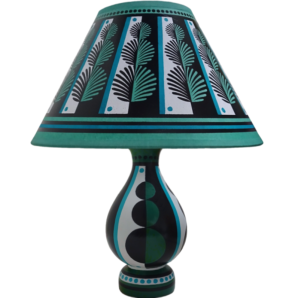 Topiary table lamp base in a vase shape with colourful geometric design of circles in blue, green and black. Hand painted individually by Cressida Bell, granddaughter of Vanessa Bell. Shown with Topiary 10” lampshade in green & blue.