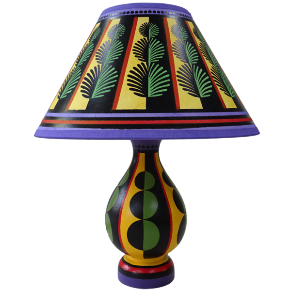 Hand painted small 10” paper empire lampshade covered in playful olive green Rows of topiary box balls running in vertical stripes around the shade contrasted by red and purple lines on a pale yellow background paired with Topiary Vase table lamp base