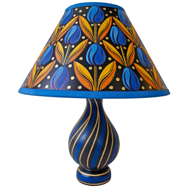 Hand painted small 10” paper empire lampshade covered in playful Rows of blue tulips contrasted by yellow shoots on a black background with gold dots on top and a bold blue trim paired with Blue Tulips Vase table lamp base