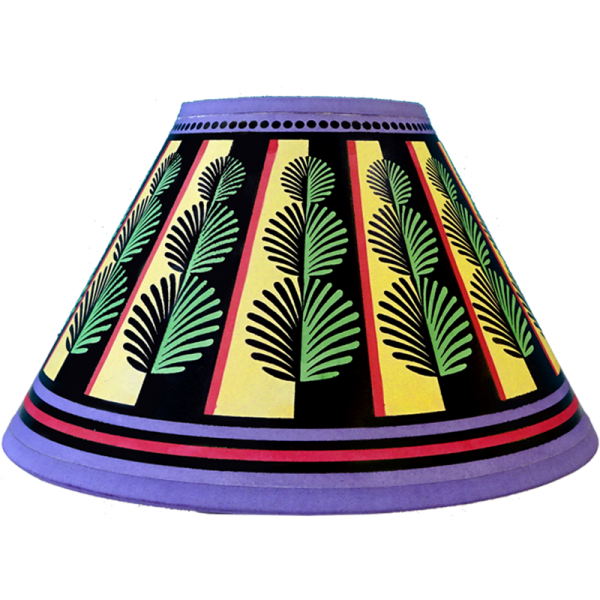 Hand painted small 10” paper empire lampshade covered in playful olive green Rows of topiary box balls running in vertical stripes around the shade contrasted by red and purple lines on a pale yellow background