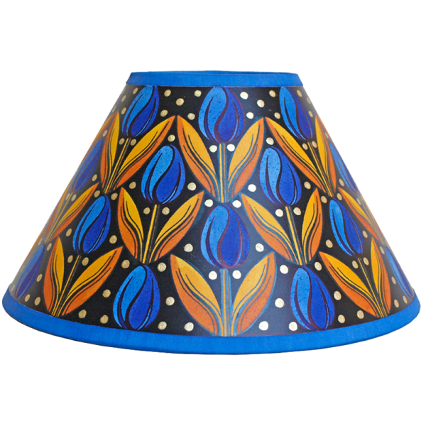 Hand painted small 10” paper empire lampshade covered in playful Rows of blue tulips contrasted by yellow shoots on a black background with gold dots on top and a bold blue trim